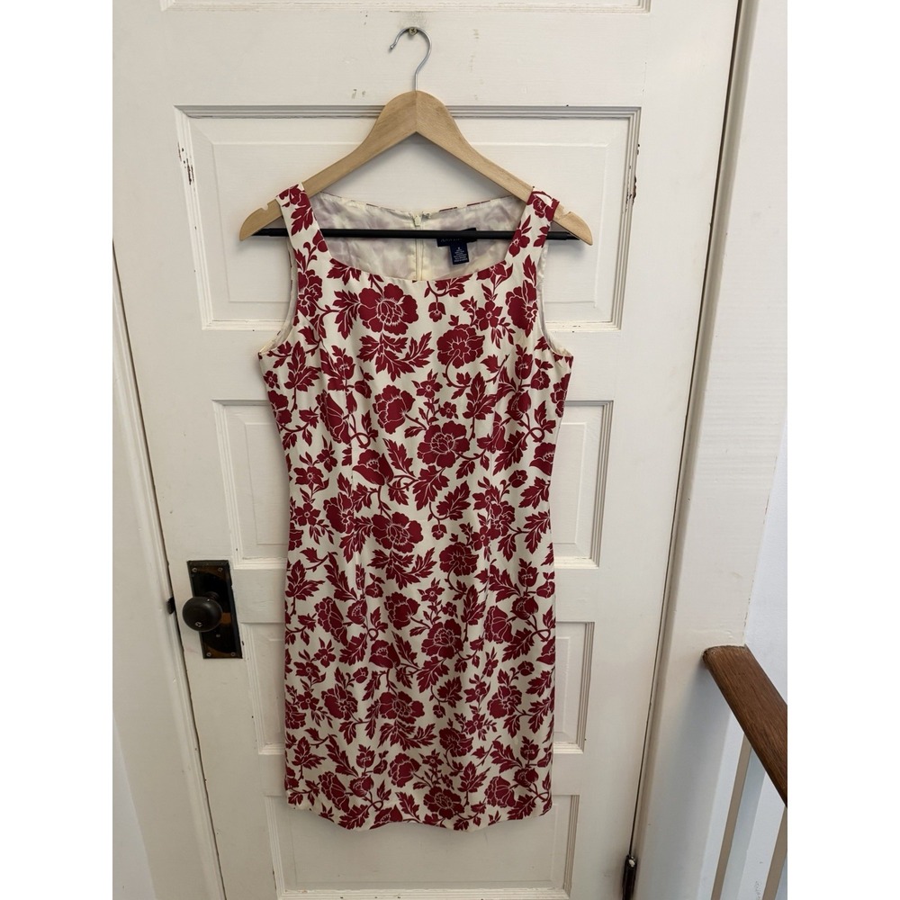 Ann Taylor Vintage Women's Ivory Red Floral Silk Square Neck Sheath Dress Size 6